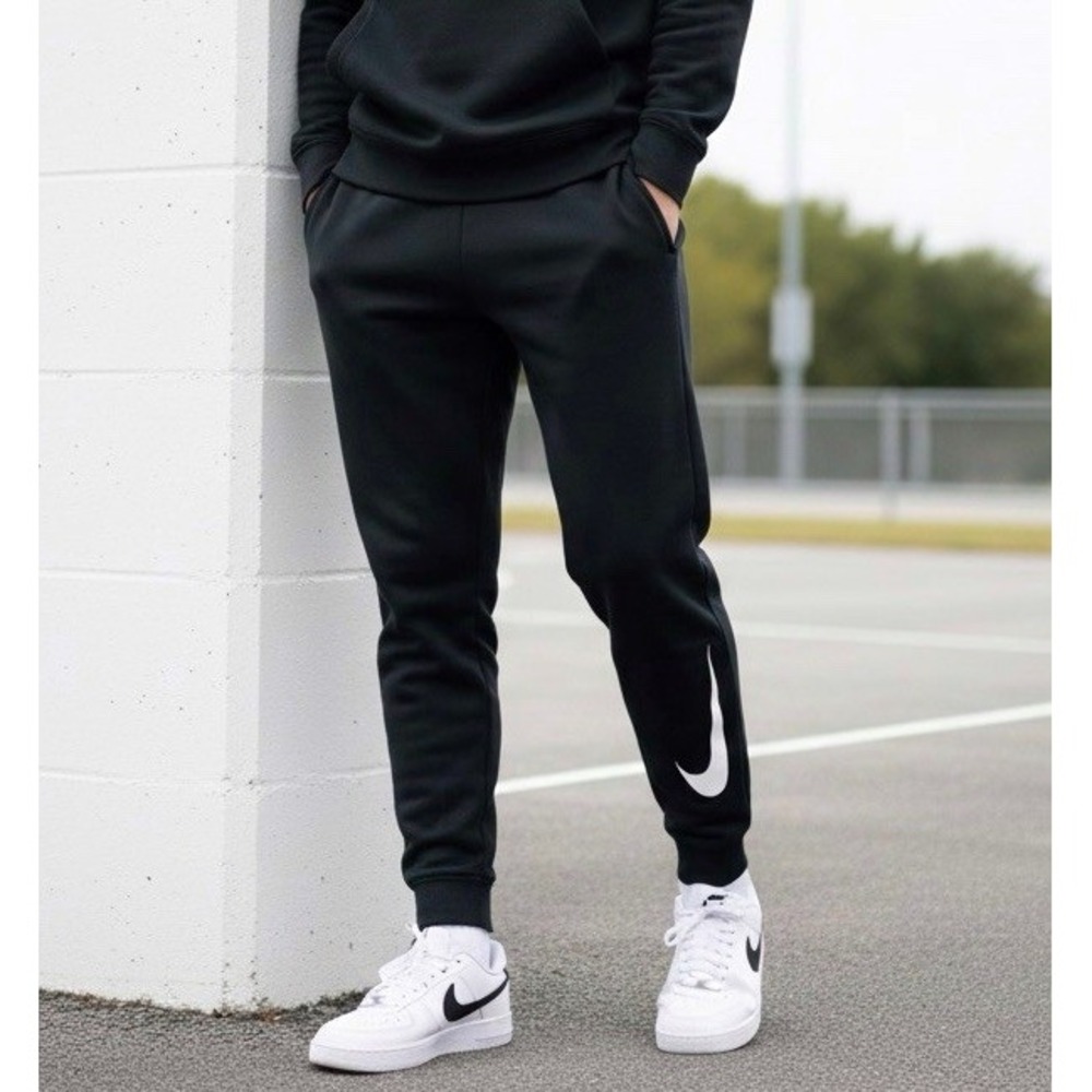 Nike Mens Big Swoosh Training Sweatpants Fleece Taper Jogger Pants Black‎ Medium